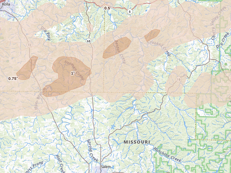 Radar-estimated hail-size map of the storm over Salem, MO on Apr 26, 2026