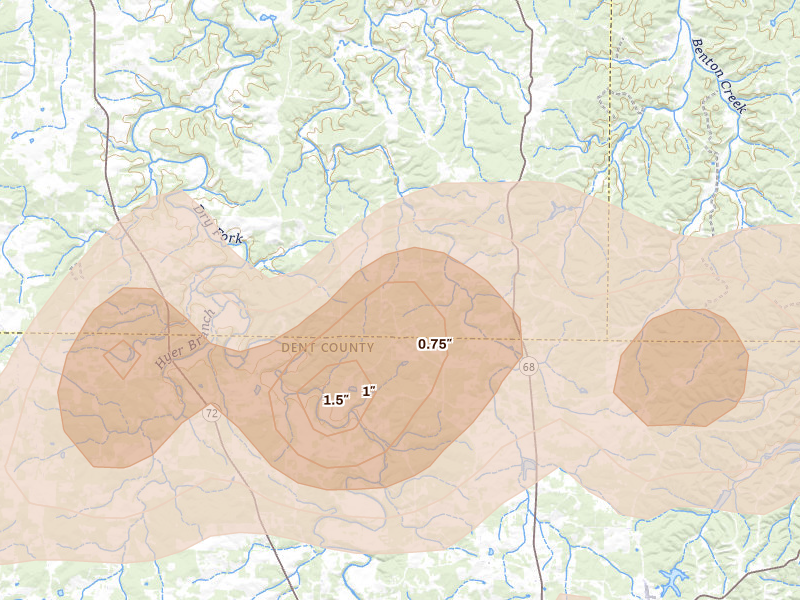 Radar-estimated hail-size map of the storm over Salem, MO on Apr 27, 2026
