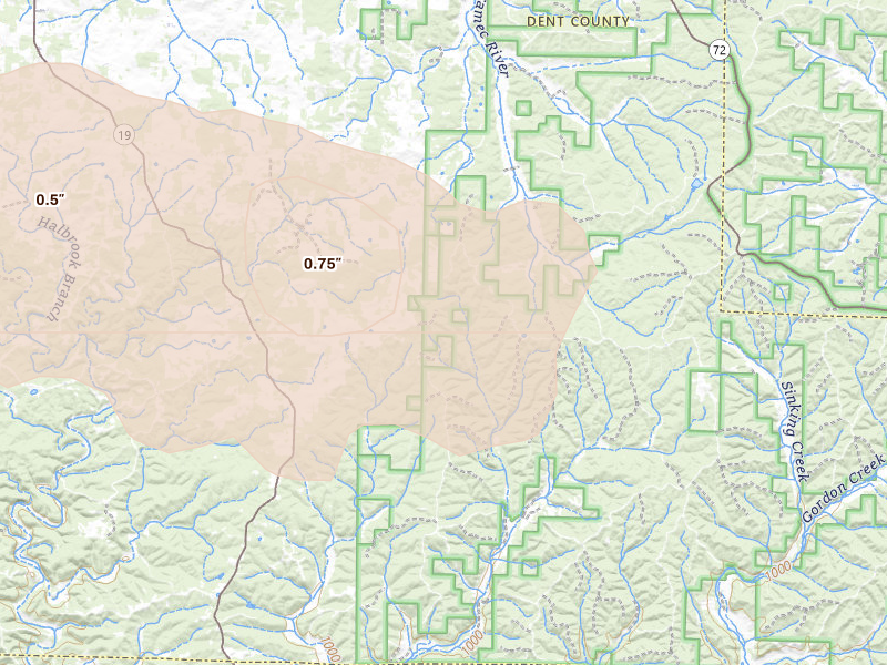 Radar-estimated hail-size map of the storm over Salem, MO on Jul 31, 2026