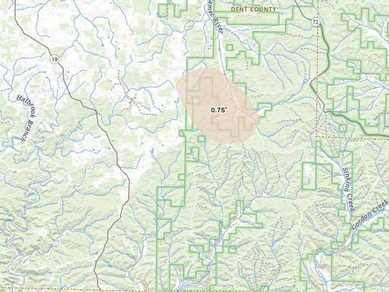 Radar-estimated hail-size map of the storm over Salem, MO on Aug 12, 2026