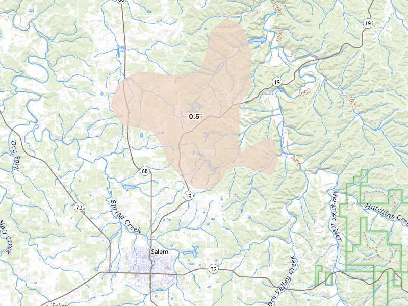 Radar-estimated hail-size map of the storm over Salem, MO on Aug 18, 2026