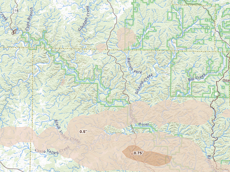 Radar-estimated hail-size map of the storm over Salem, MO on Aug 19, 2026