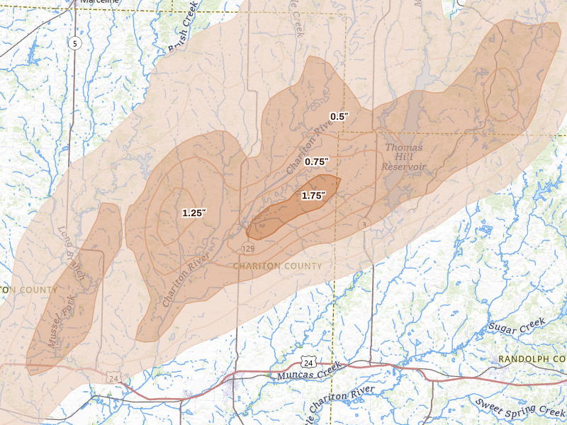 Radar-estimated hail-size map of the storm over Salisbury, MO on Apr 26, 2026