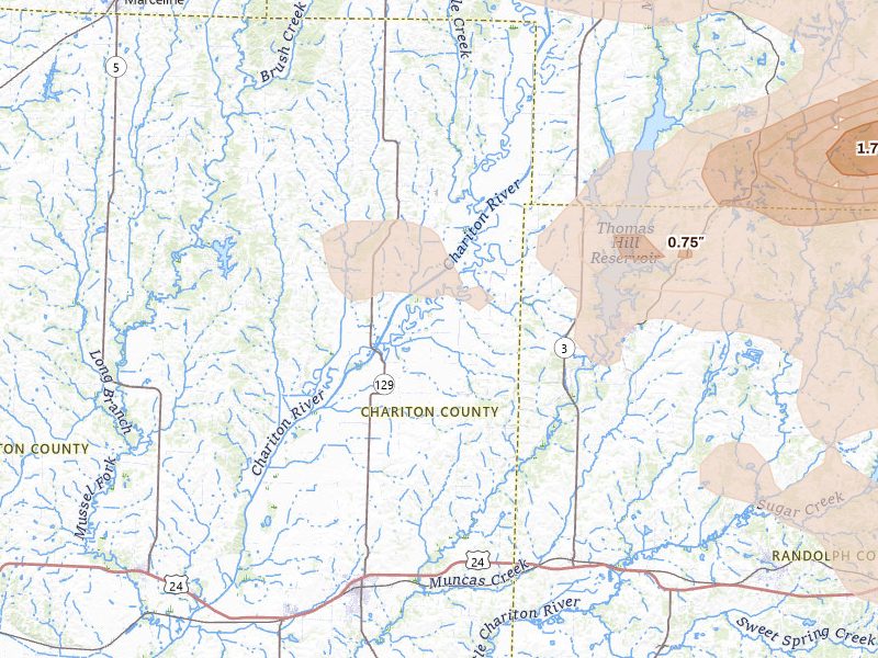 Radar-estimated hail-size map of the storm over Salisbury, MO on May 4, 2026