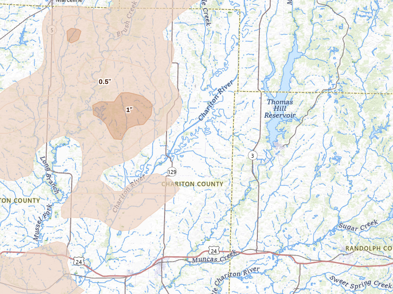 Radar-estimated hail-size map of the storm over Salisbury, MO on May 31, 2026