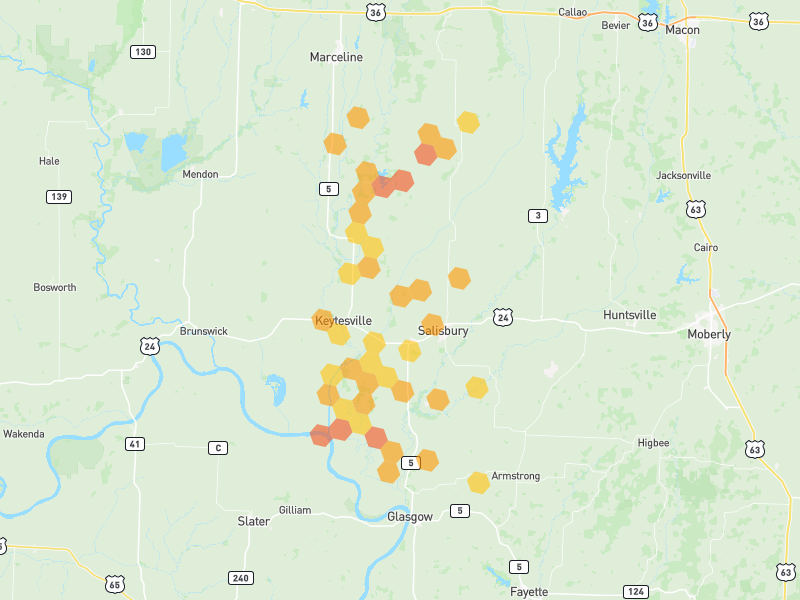 Hail map of Salisbury, MO on Jun 1, 2026, hail up to 1.75"