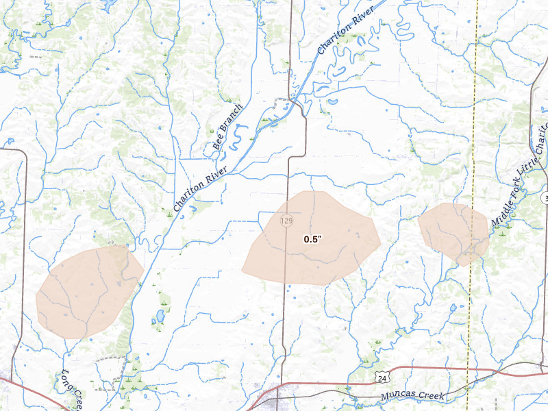 Radar-estimated hail-size map of the storm over Salisbury, MO on Aug 5, 2026