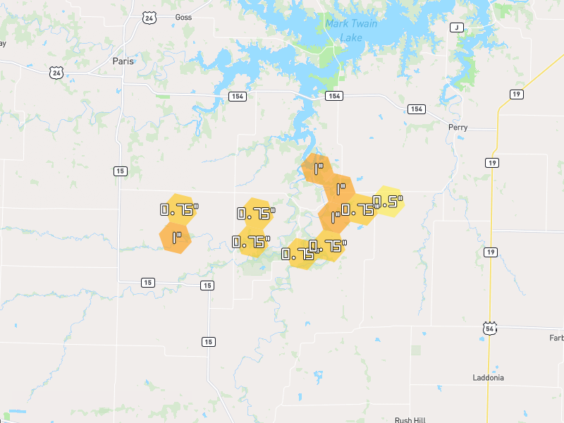 Hail map of Santa Fe, MO on Jun 1, 2026, hail up to 1"