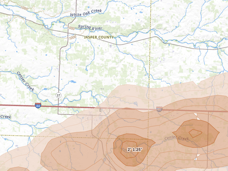 Radar-estimated hail-size map of the storm over Sarcoxie, MO on Apr 27, 2026