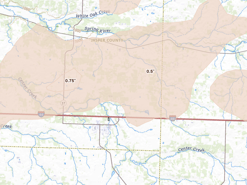 Radar-estimated hail-size map of the storm over Sarcoxie, MO on Apr 28, 2026
