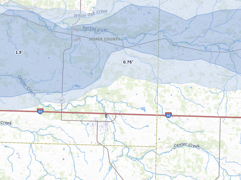 NEXRAD radar-signature map of the hail storm over Sarcoxie, MO on Apr 28, 2026