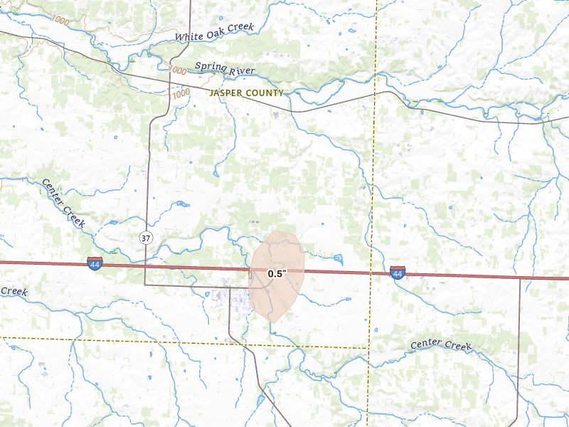Radar-estimated hail-size map of the storm over Sarcoxie, MO on May 23, 2026