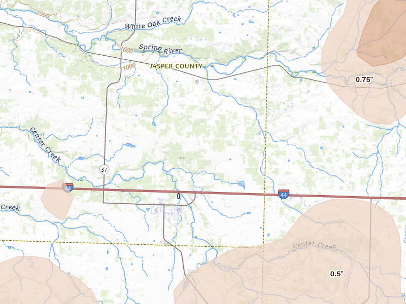 Radar-estimated hail-size map of the storm over Sarcoxie, MO on Jul 4, 2026