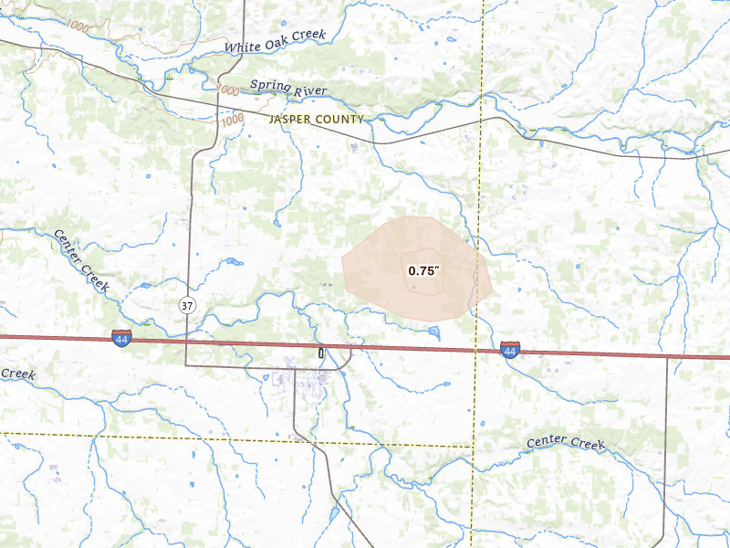Radar-estimated hail-size map of the storm over Sarcoxie, MO on Aug 6, 2026