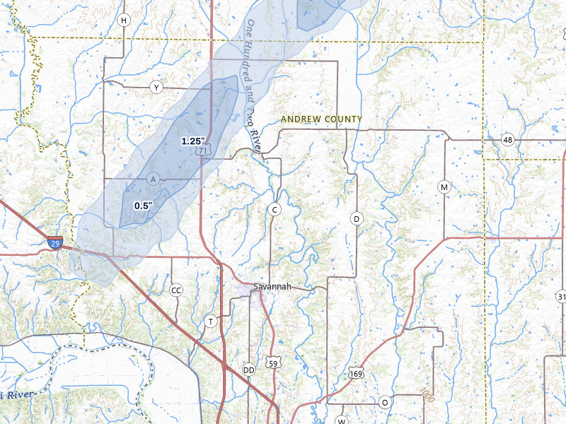 NEXRAD radar-signature map of the hail storm over Savannah, MO on Mar 4, 2026