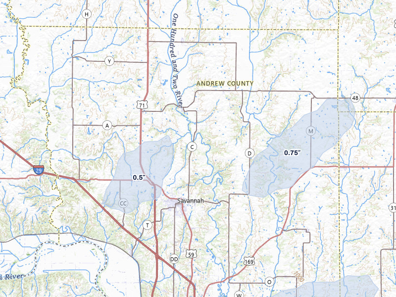 NEXRAD radar-signature map of the hail over Savannah, MO