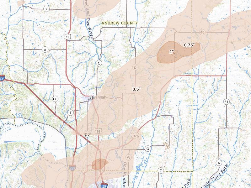 Radar-estimated hail-size map of the storm over Savannah, MO on Apr 17, 2026