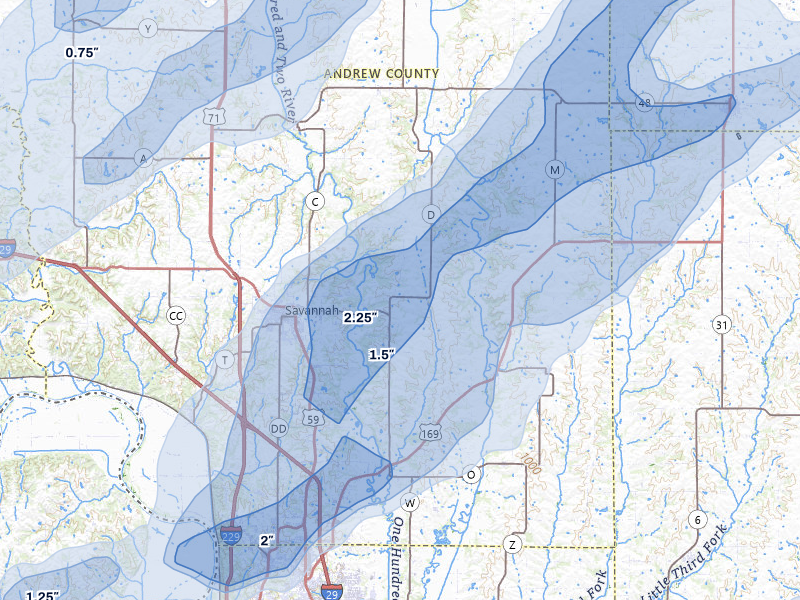 NEXRAD radar-signature map of the hail over Savannah, MO