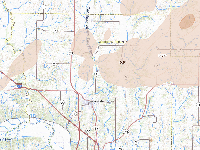 Radar-estimated hail-size map of the storm over Savannah, MO on May 16, 2026