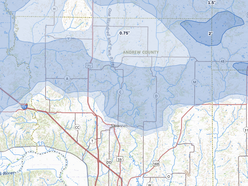 NEXRAD radar-signature map of the hail storm over Savannah, MO on May 16, 2026