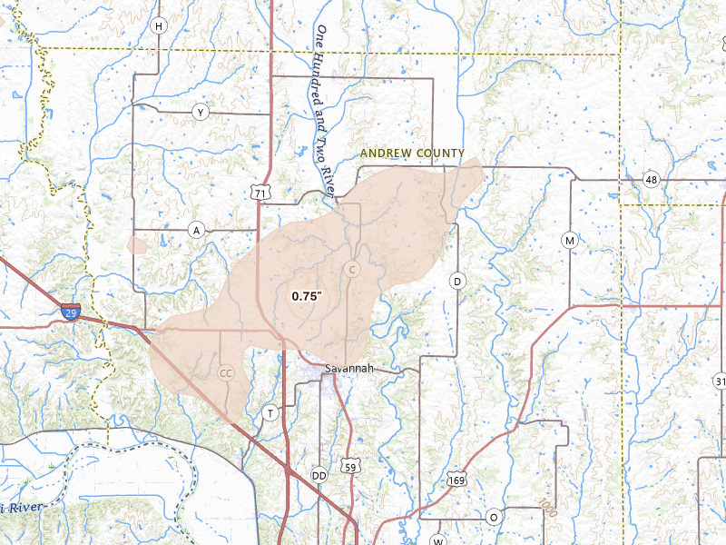 Radar-estimated hail-size map of the storm over Savannah, MO on May 18, 2026