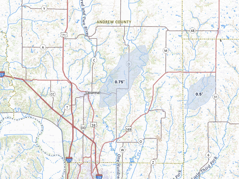 NEXRAD radar-signature map of the hail storm over Savannah, MO on May 29, 2026