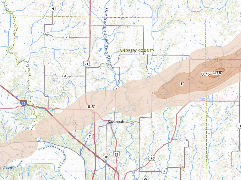 Radar-estimated hail-size map of the storm over Savannah, MO on Jun 4, 2026