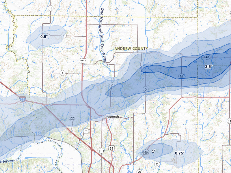 NEXRAD radar-signature map of the hail over Savannah, MO