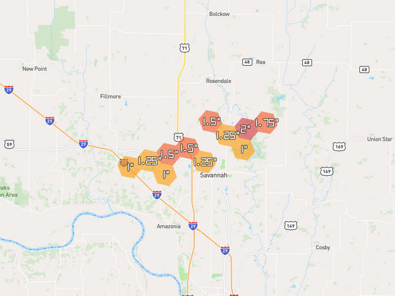 Hail map of Savannah, MO on Jun 4, 2026, hail up to 2"