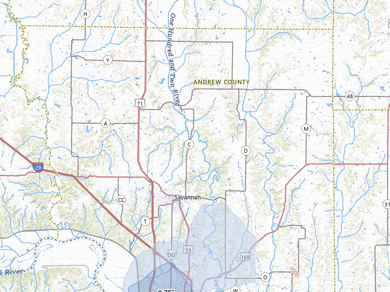 NEXRAD radar-signature map of the hail storm over Savannah, MO on Jun 6, 2026