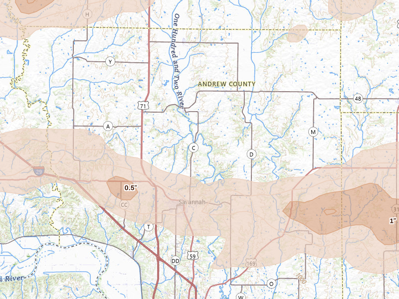 Radar-estimated hail-size map of the storm over Savannah, MO on Jun 10, 2026