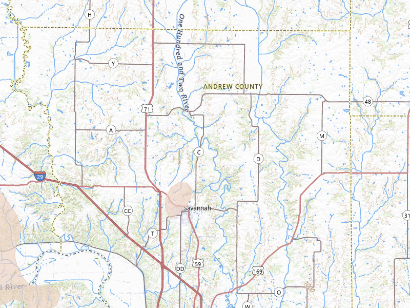 Radar-estimated hail-size map of the storm over Savannah, MO on Jul 3, 2026
