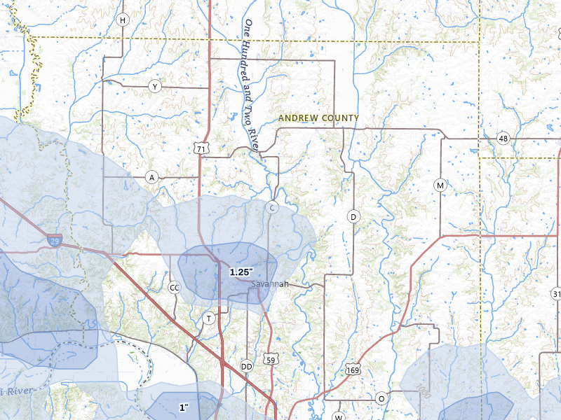 NEXRAD radar-signature map of the hail storm over Savannah, MO on Jul 3, 2026