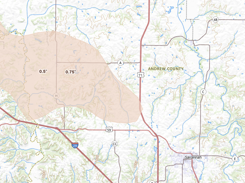 Radar-estimated hail-size map of the storm over Savannah, MO on Aug 19, 2026