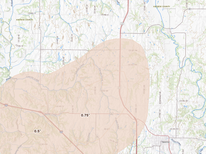 Radar-estimated hail-size map of the storm over Savannah, MO