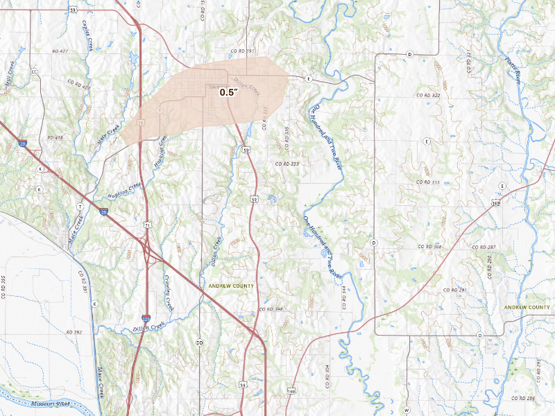 Radar-estimated hail-size map of the storm over Savannah, MO on Sep 19, 2026