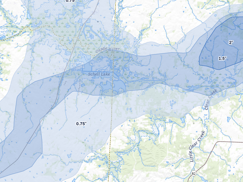 NEXRAD radar-signature map of the hail over Schell City, MO