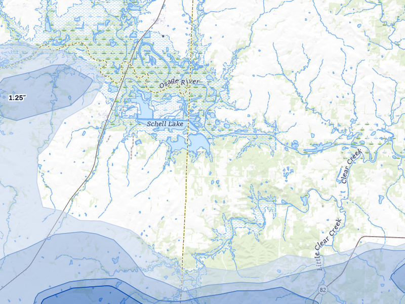 NEXRAD radar-signature map of the hail over Schell City, MO