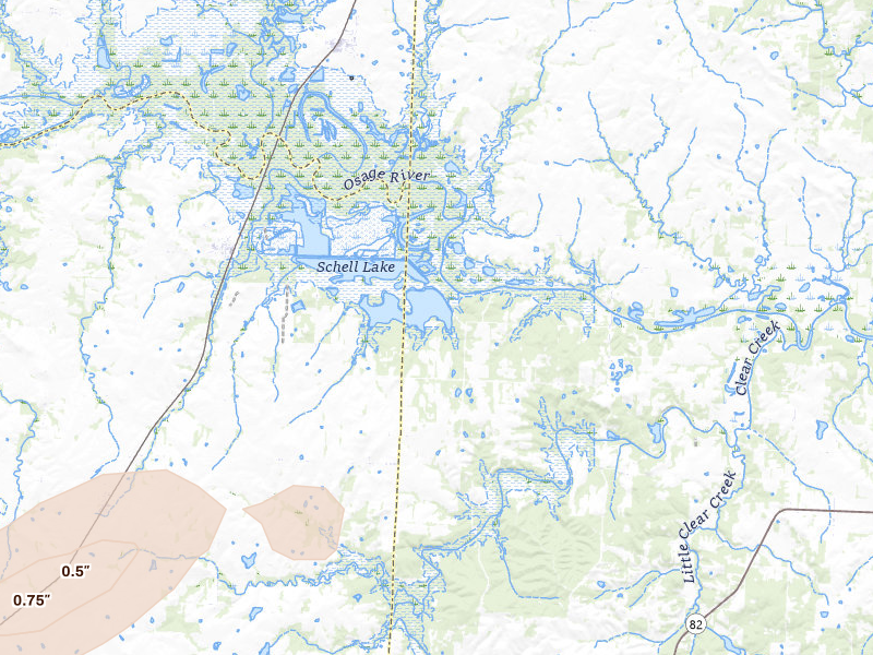 Radar-estimated hail-size map of the storm over Schell City, MO on May 23, 2026