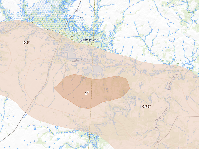Radar-estimated hail-size map of the storm over Schell City, MO on Jun 17, 2026