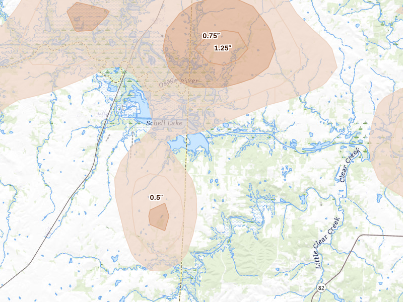 Radar-estimated hail-size map of the storm over Schell City, MO on Jul 4, 2026