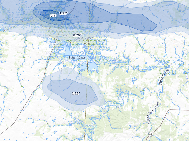 NEXRAD radar-signature map of the hail over Schell City, MO