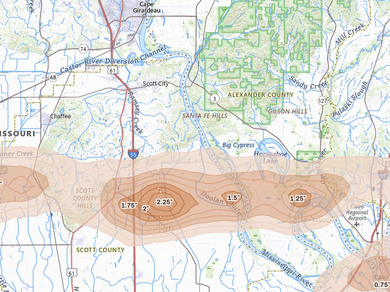 Radar-estimated hail-size map of the storm over Scott City, MO on Apr 16, 2026