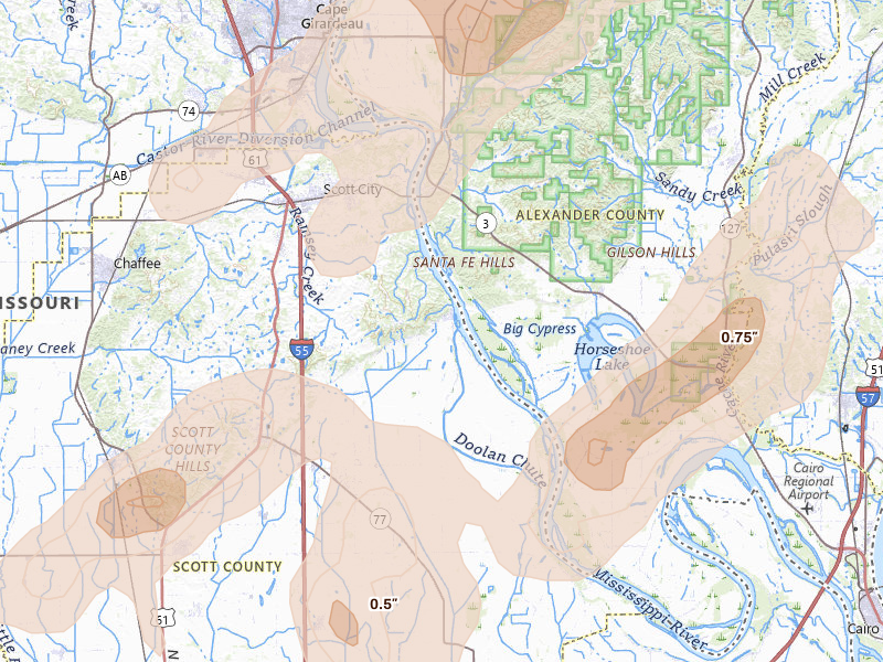 Radar-estimated hail-size map of the storm over Scott City, MO on Apr 26, 2026