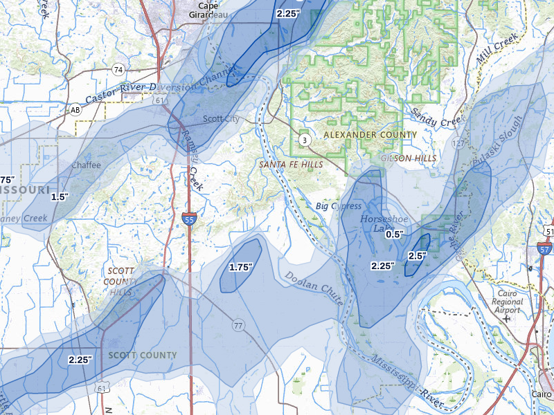 NEXRAD radar-signature map of the hail over Scott City, MO