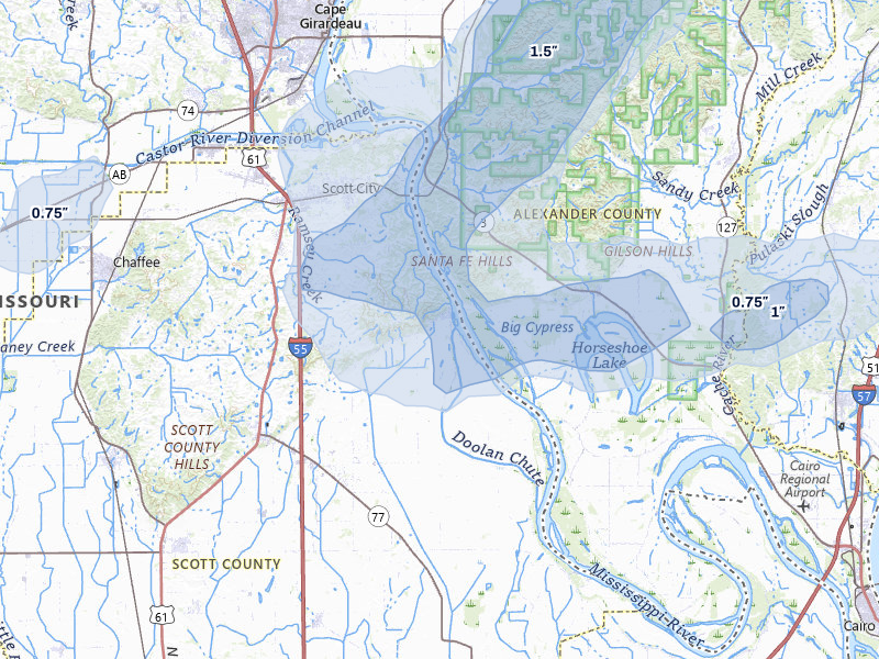 NEXRAD radar-signature map of the hail over Scott City, MO
