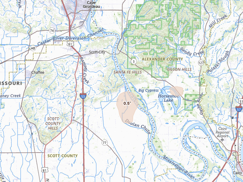 Radar-estimated hail-size map of the storm over Scott City, MO on May 31, 2026