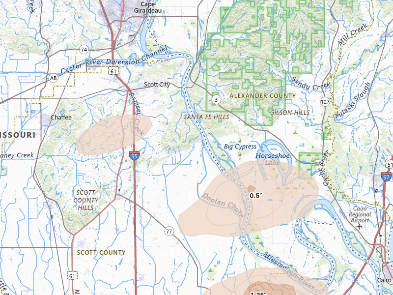 Radar-estimated hail-size map of the storm over Scott City, MO on Jun 26, 2026