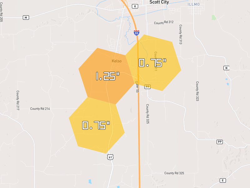 Hail map of Scott City, MO on Jun 26, 2026, hail up to 1.25"