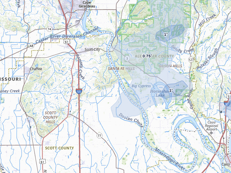 NEXRAD radar-signature map of the hail over Scott City, MO